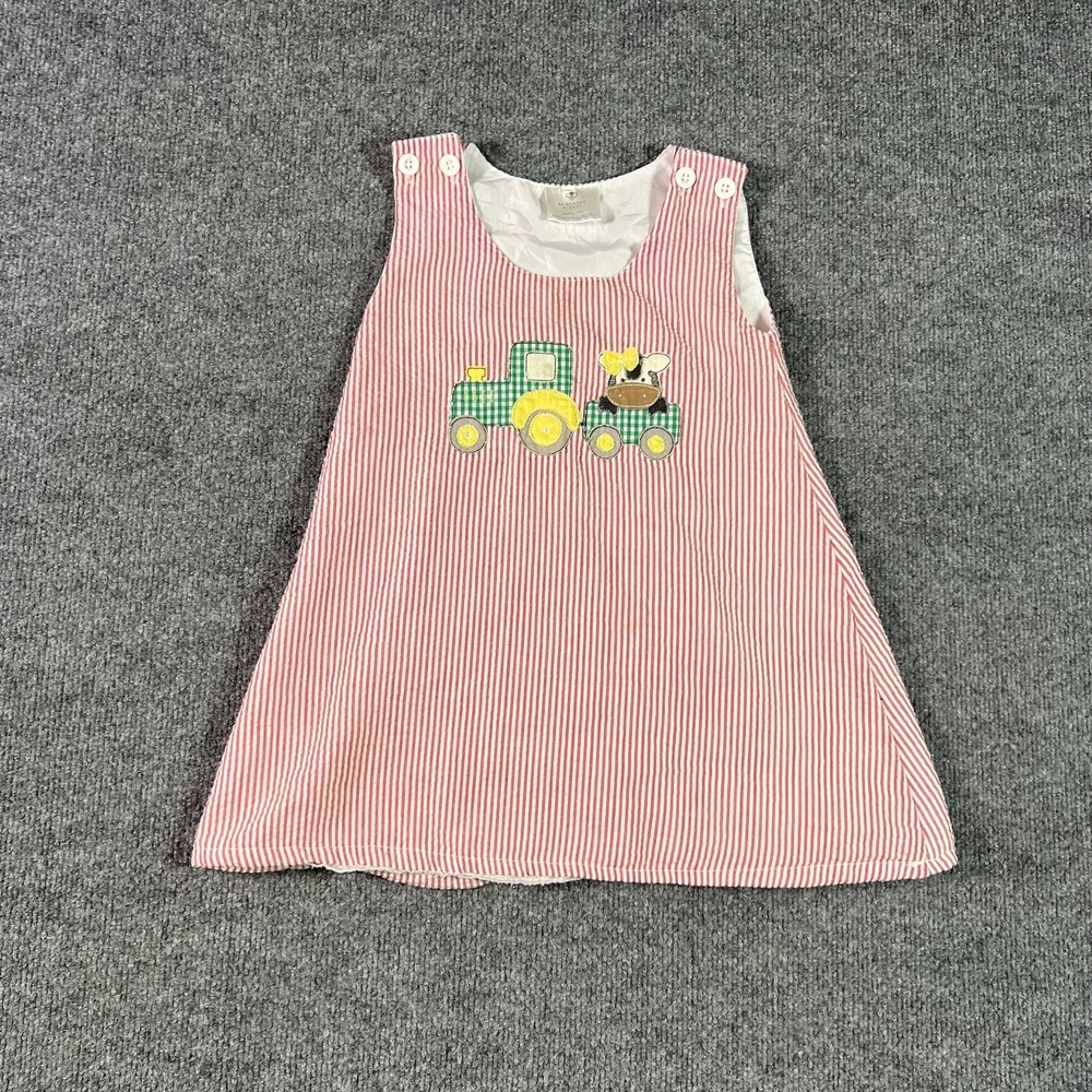 Sugarbee Blanks Girl 3T Red White Striped Seersucker A-Line Cow Tractor Dress